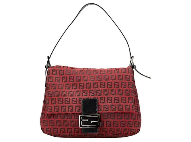 Borsa a spalla Fendi Mamma Baguette in tela Zucchino e pelle Rosso