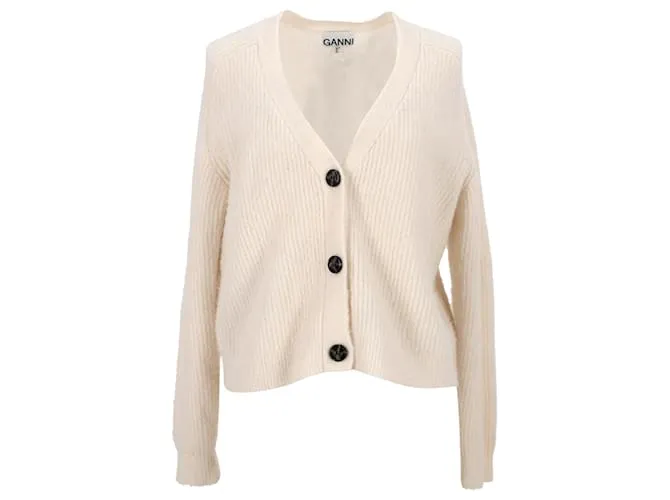 Cardigan Ganni con Bottoni a V in Lana Crema Bianco Crudo