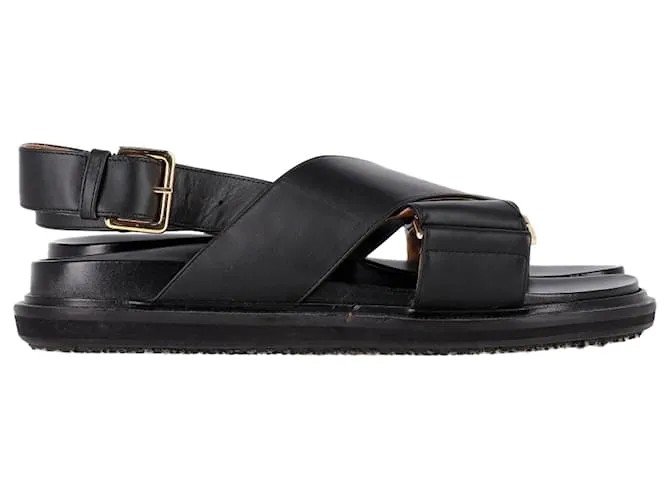 Sandali piatti in pelle nera Marni Fussbet incrociati Nero