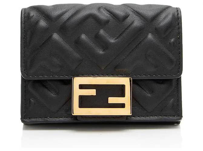 Baguette Portafoglio micro trifold in pelle nappa con stampa FF di Fendi Nero