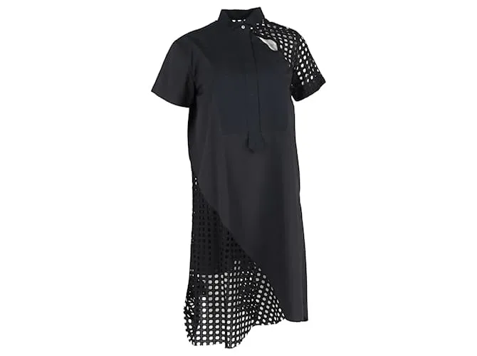 Abito midi in cotone nero con ritagli e ricami Sacai