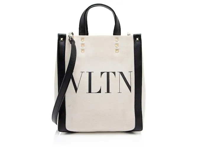 Valentino Garavani Mini Tote Grande Spiaggia N/S VLTN in Tela Rockstud Valentino Marrone Beige
