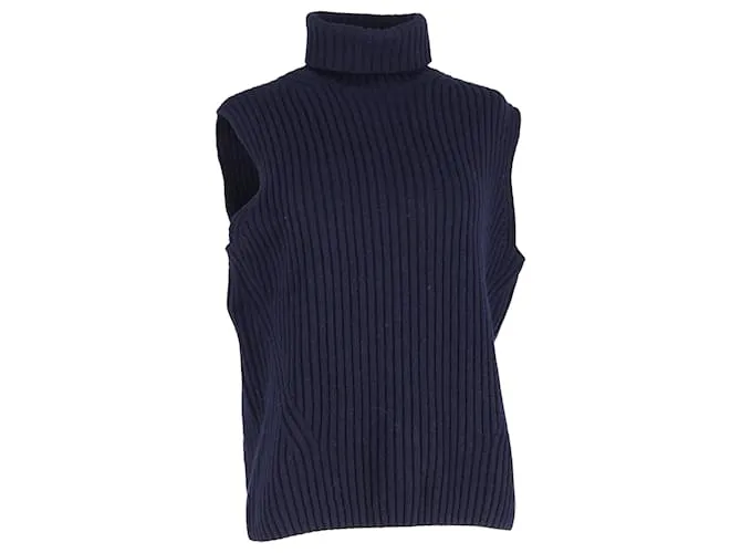 Gilet in lana blu navy con collo alto a coste di Dries Van Noten