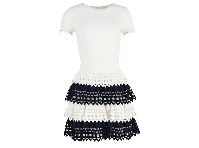 Abito Mini a Balze Perforato Alaïa in Viscosa Bianca e Blu Bianco