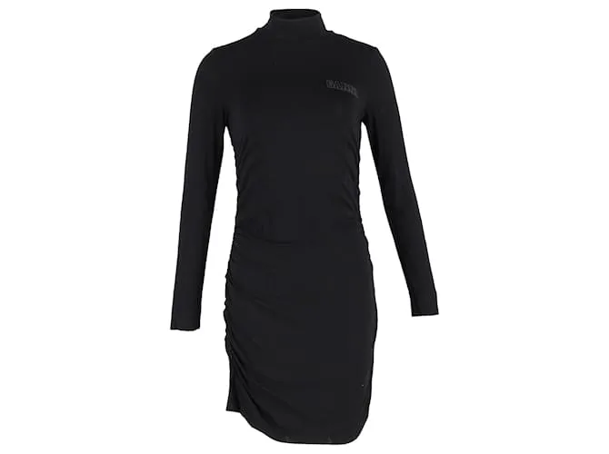 Abito Mini Arricciato con Collo Alto Ganni in Lyocell Nero