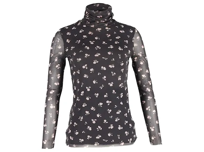 Top a maniche lunghe in rete Ganni Tilden con collo alto in poliammide nera Nero