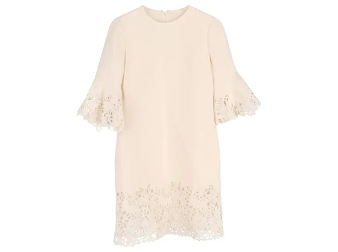 Abito midi in seta crema con pannelli in pizzo guipure Valentino Garavani Bianco Crudo