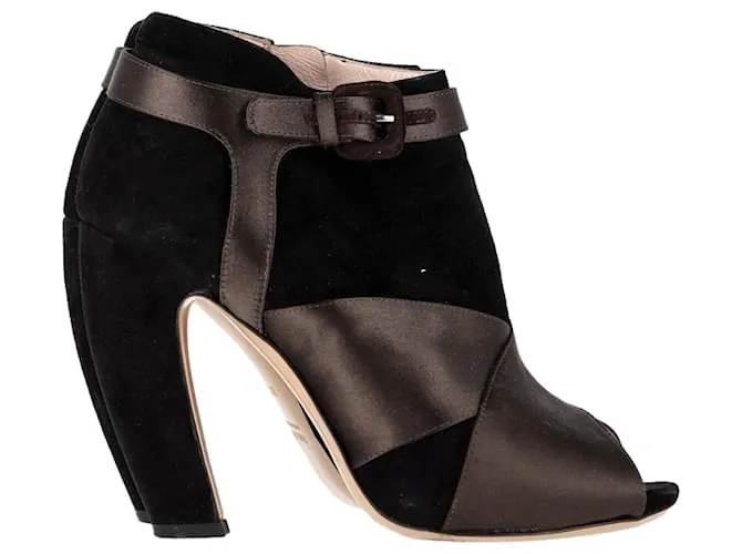 Stivaletti peep-toe Miu Miu in satin e suede marrone