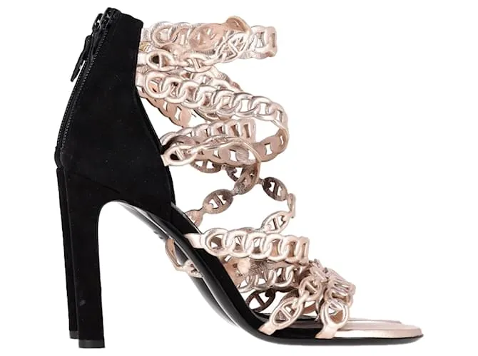 Sandali con tacco Hermès Naide Chaîne d'Ancre in pelle dorata e camoscio D'oro