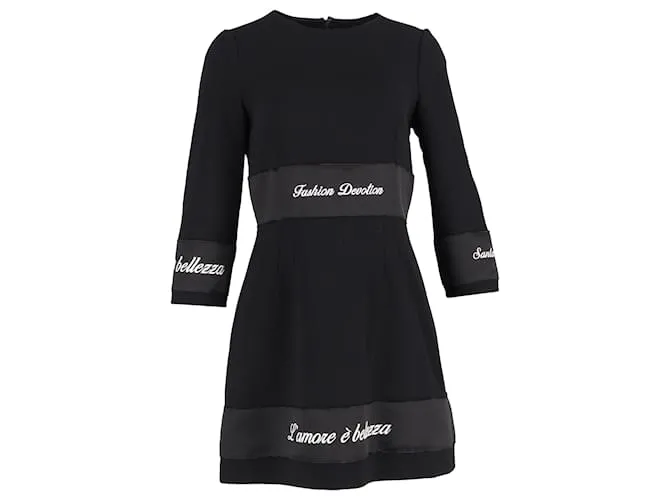 Abito mini stampato a maniche 3/4 in lana nera di Dolce & Gabbana Nero