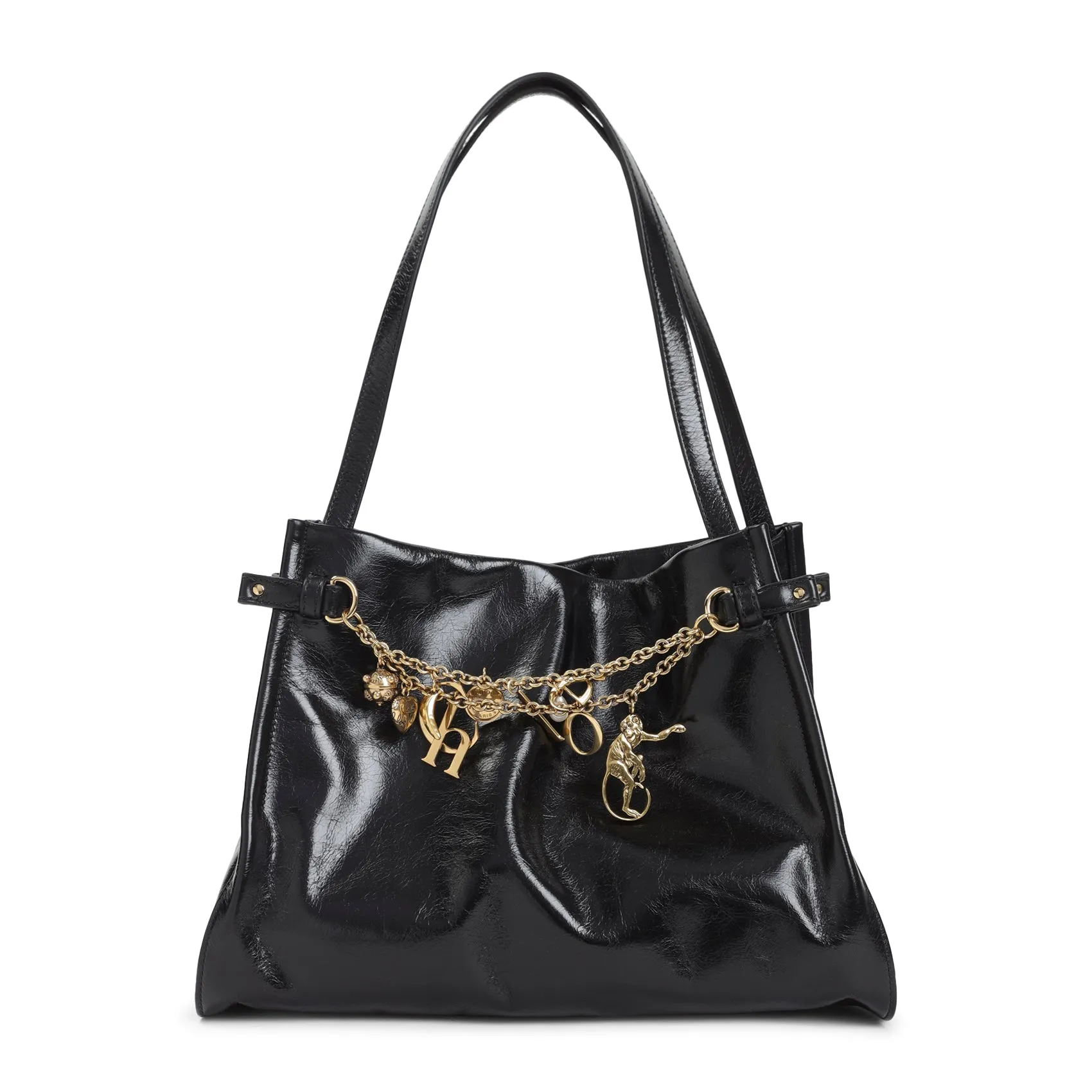 Black Calf Leather Charms Shoulder Bag