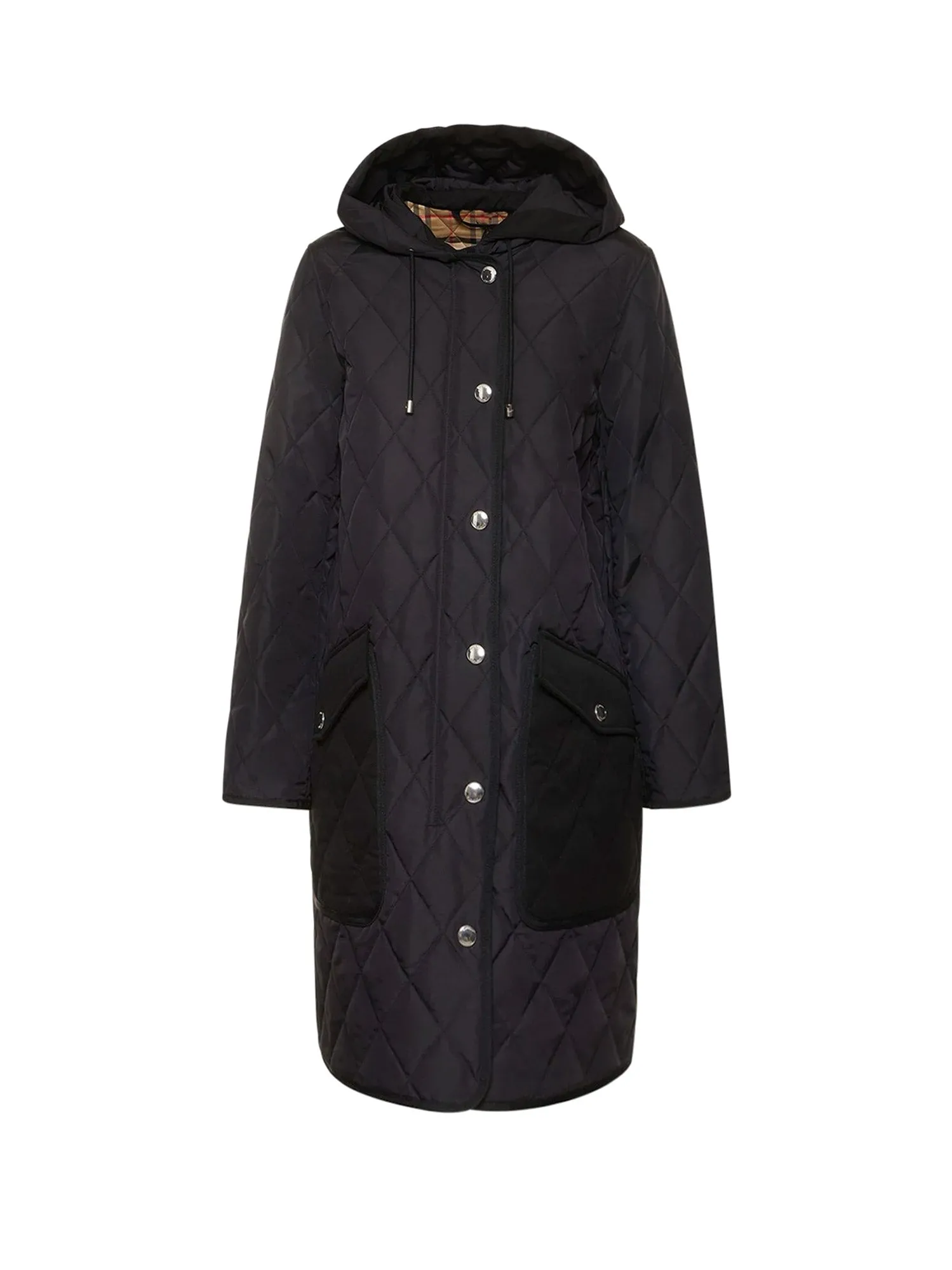 Quilted Nylon Jacket With Hood, Snap Buttons And Front Pockets With Flap And Button