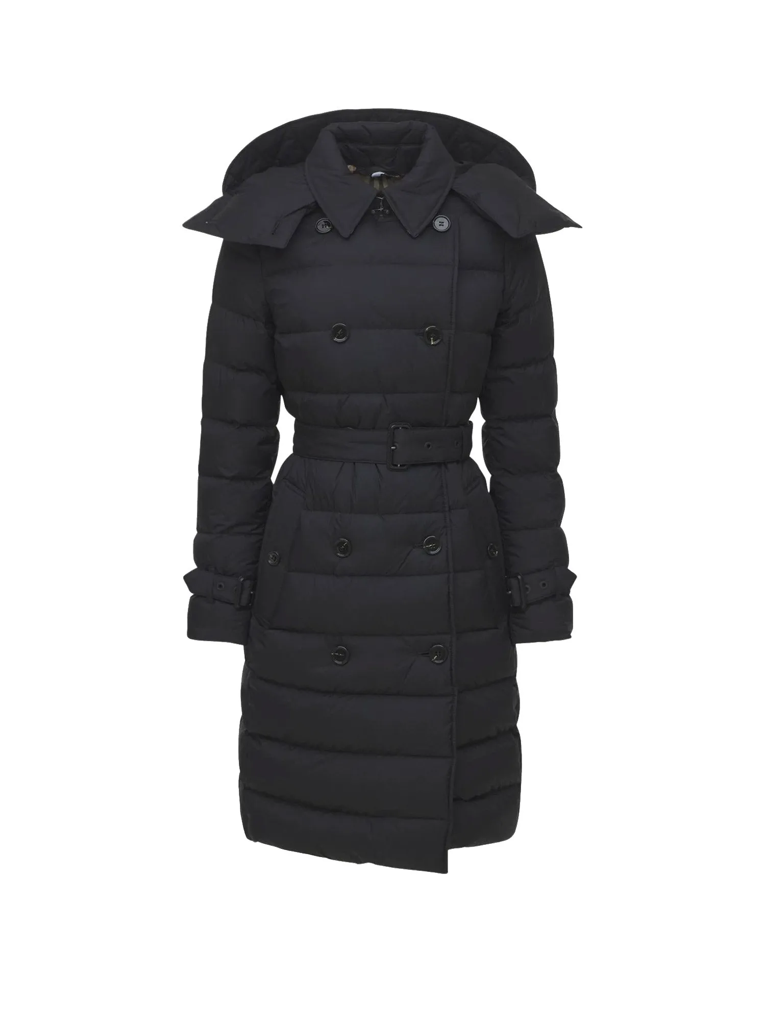Padde And Quilted Nylon Long Jacket With Belt And Removable Hood