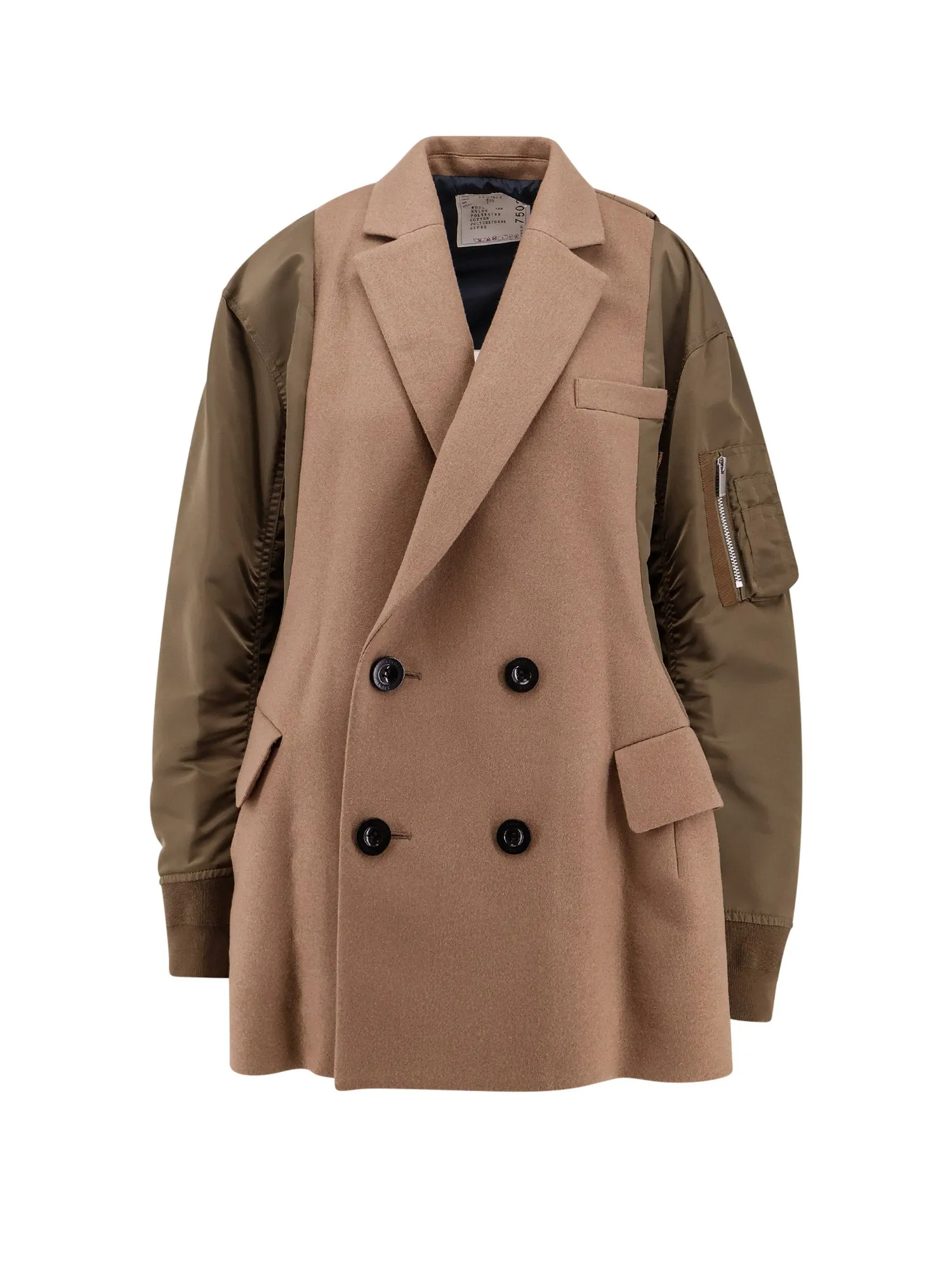 Flared Double-Breasted Wool Jacket With Quilted Nylon Insert And Lateral Nylon Profiles