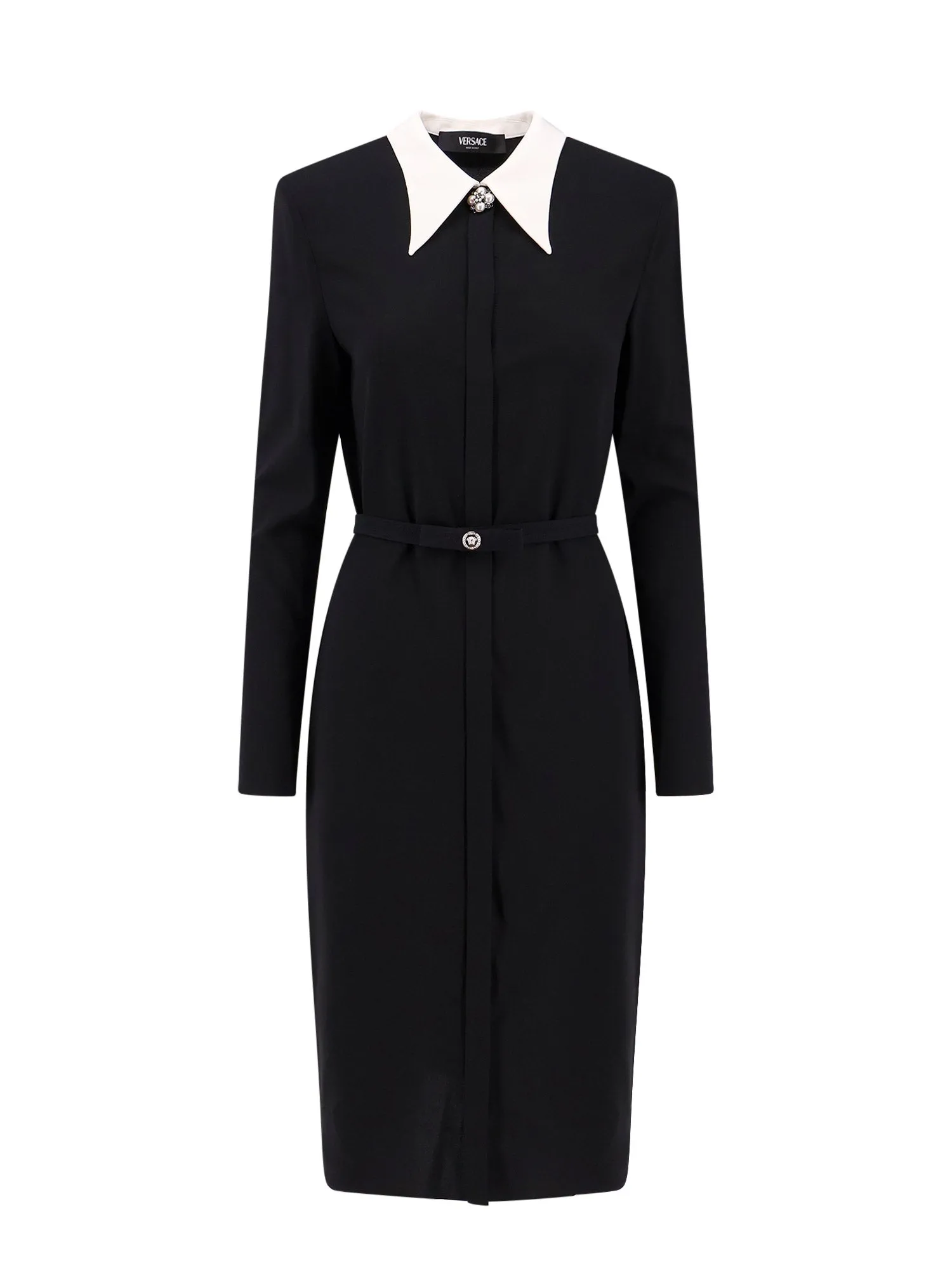 Responsible Viscose Dress With Contrasting Collar, Removable Double Collar And Stretch Belt