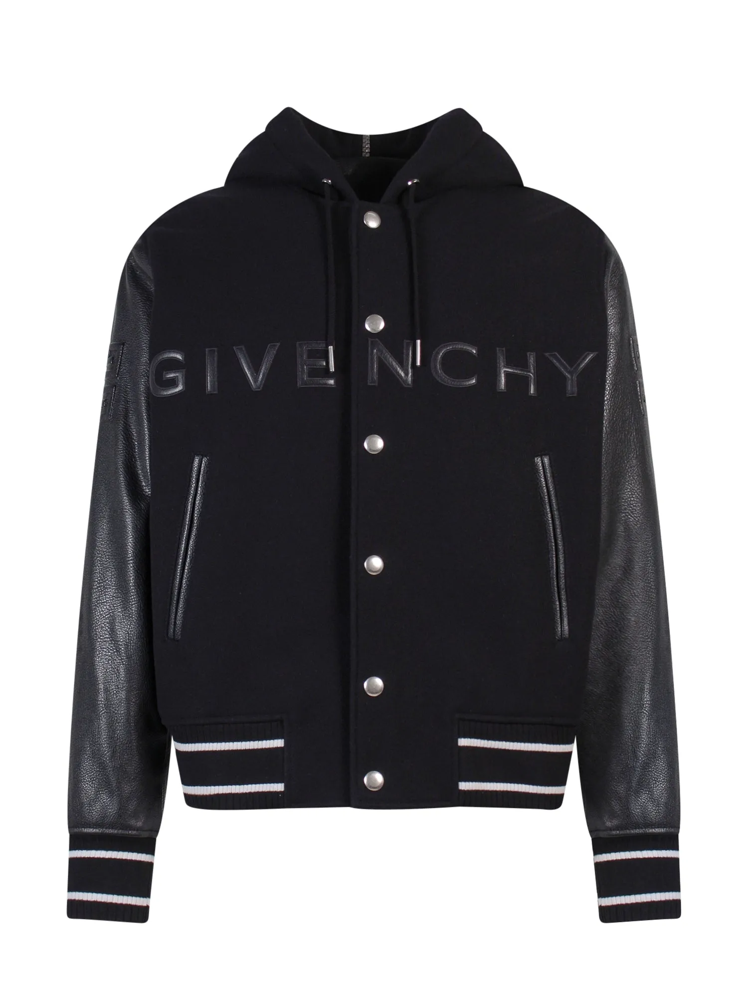 Wool Blend And Leather Bomber Jacket With Frontal Logo