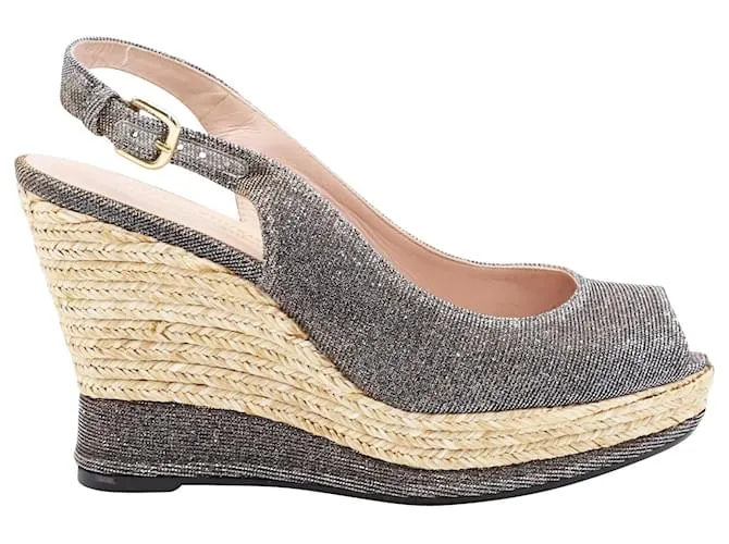 Stuart Weitzman Jean Zeppa aperta in sughero in pelle glitterata argento Metallico