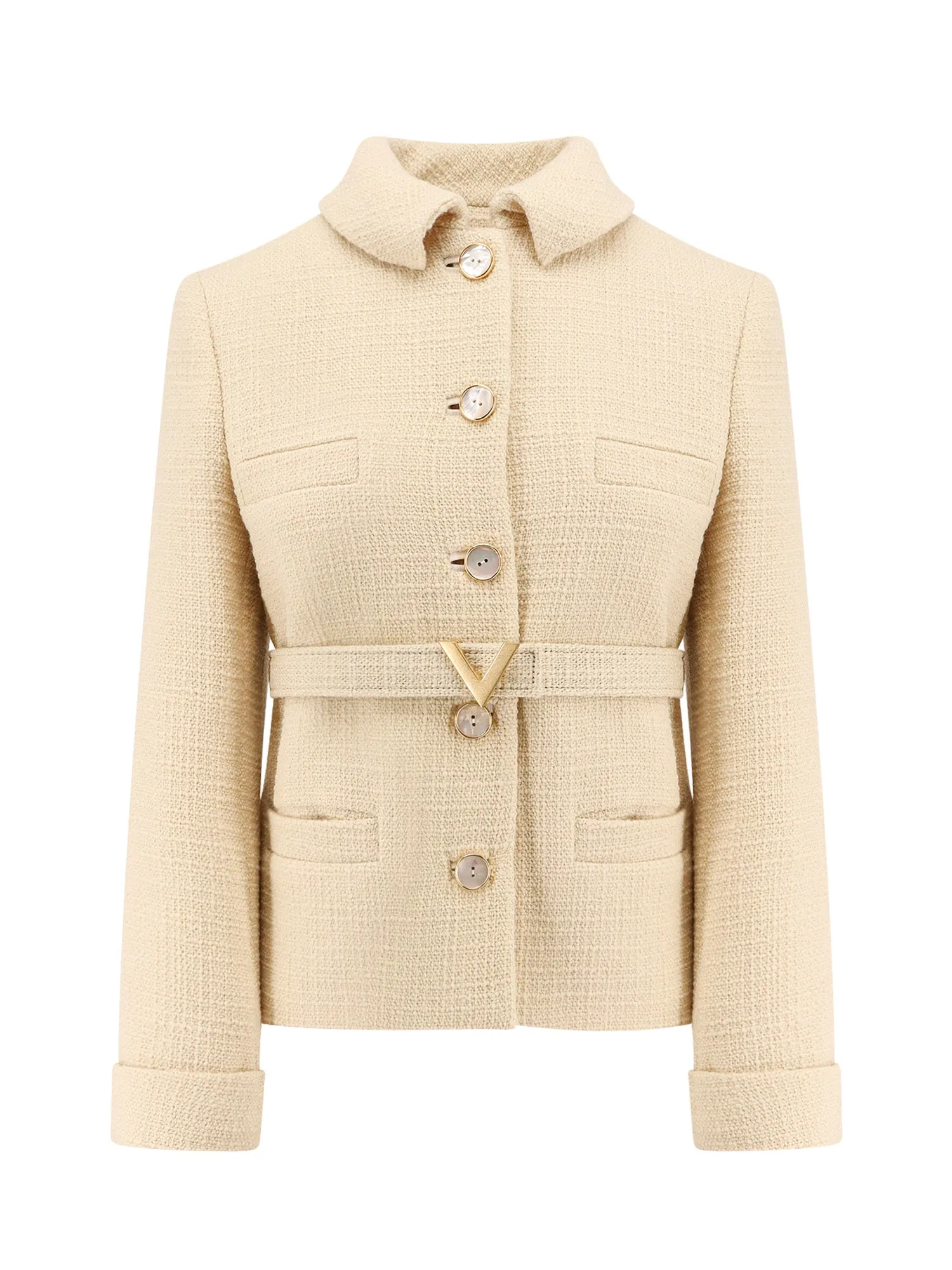 Wool Blazer With Leather Belt And V Gold Buckle