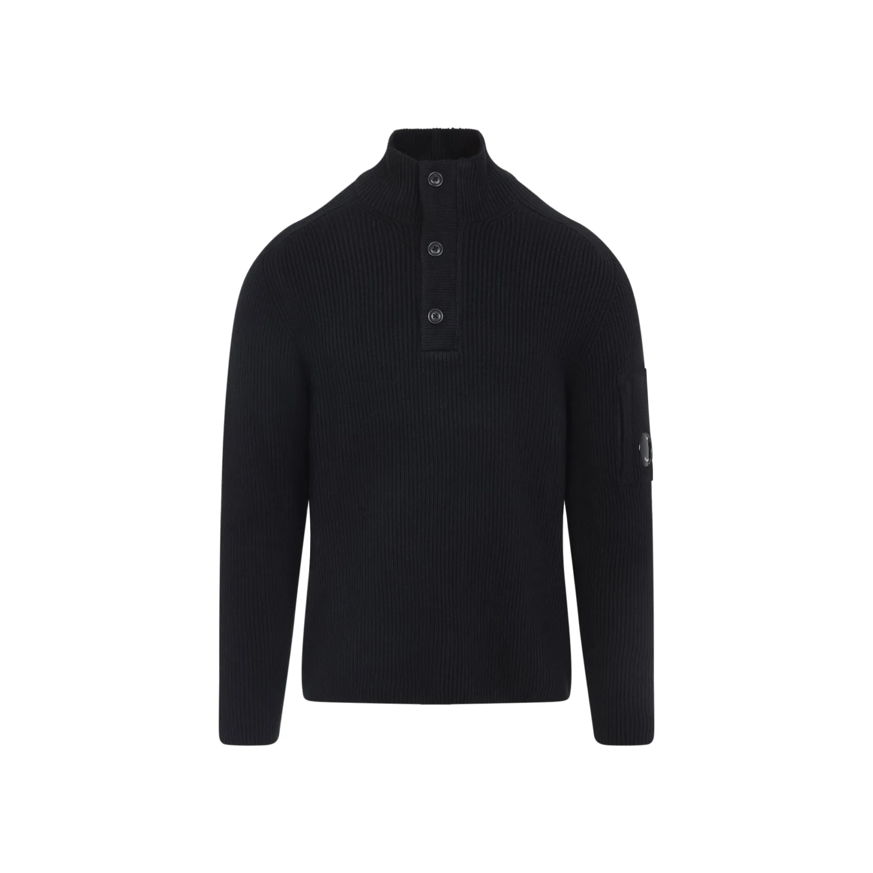 Black Cotton Knit Polo Collar