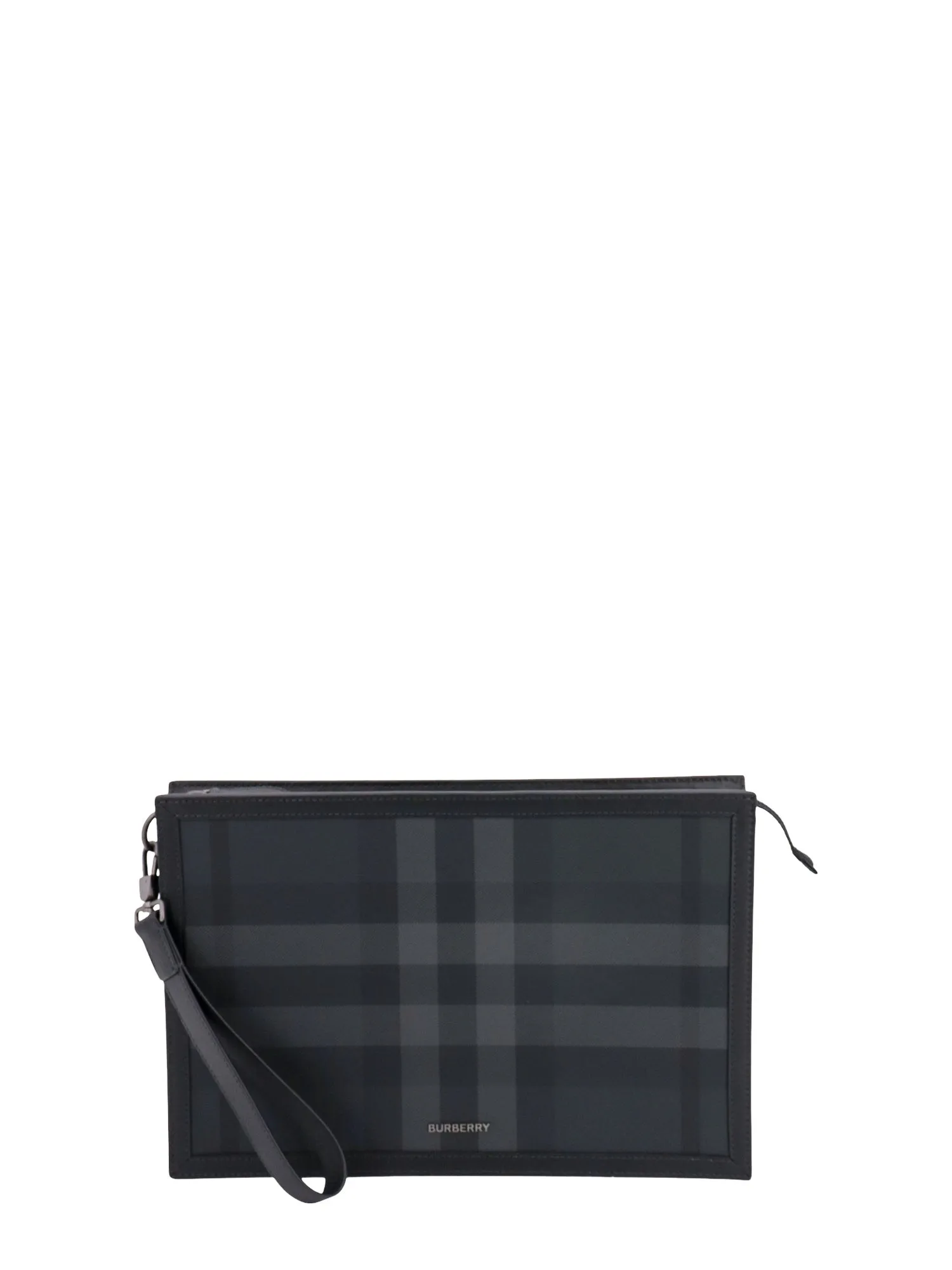 Coated Canvas And Leather Clutch With Tartan Motif