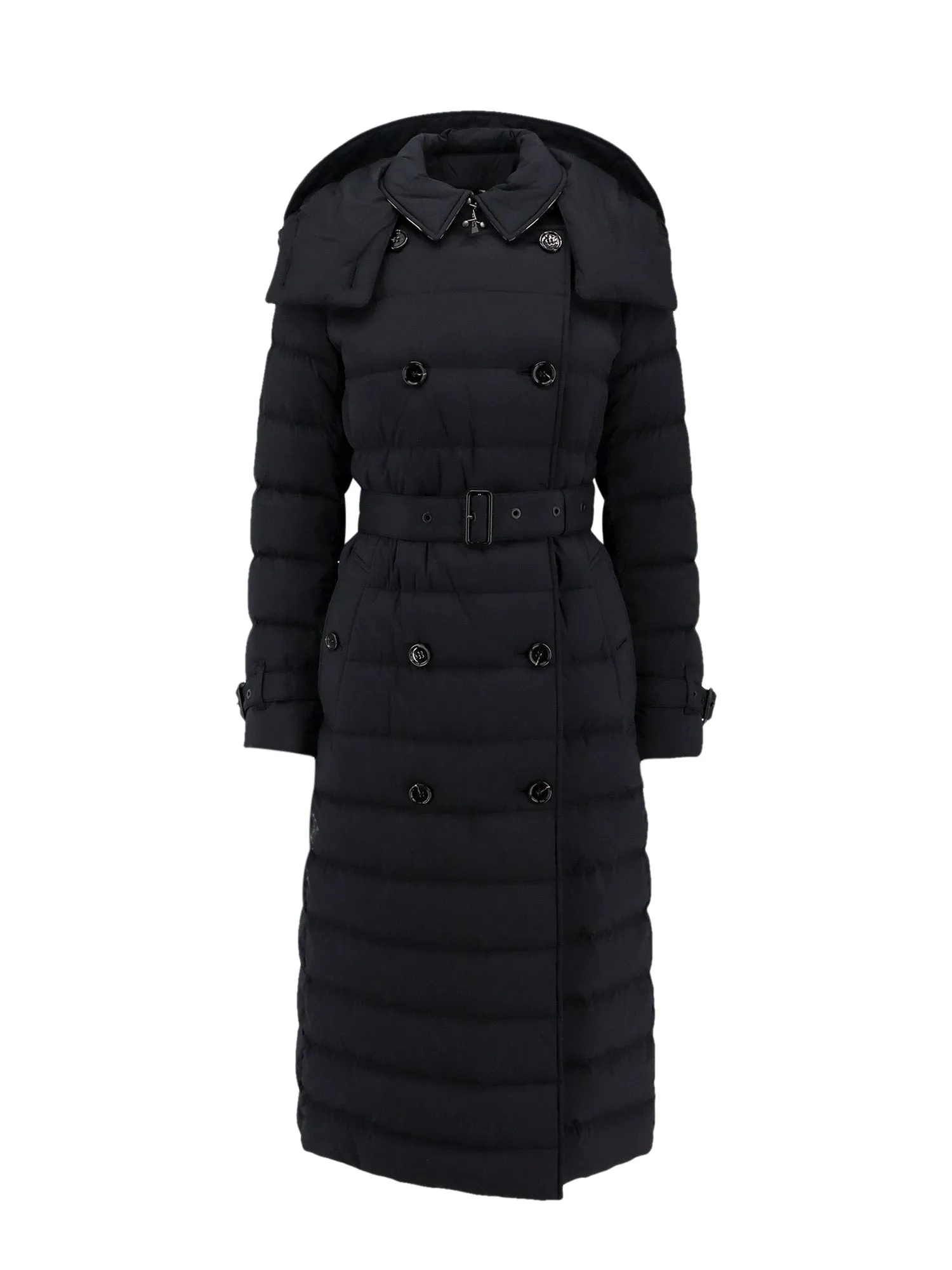 Padded Quilted Nylon Long Jacket Wit Belt And Removable Hood