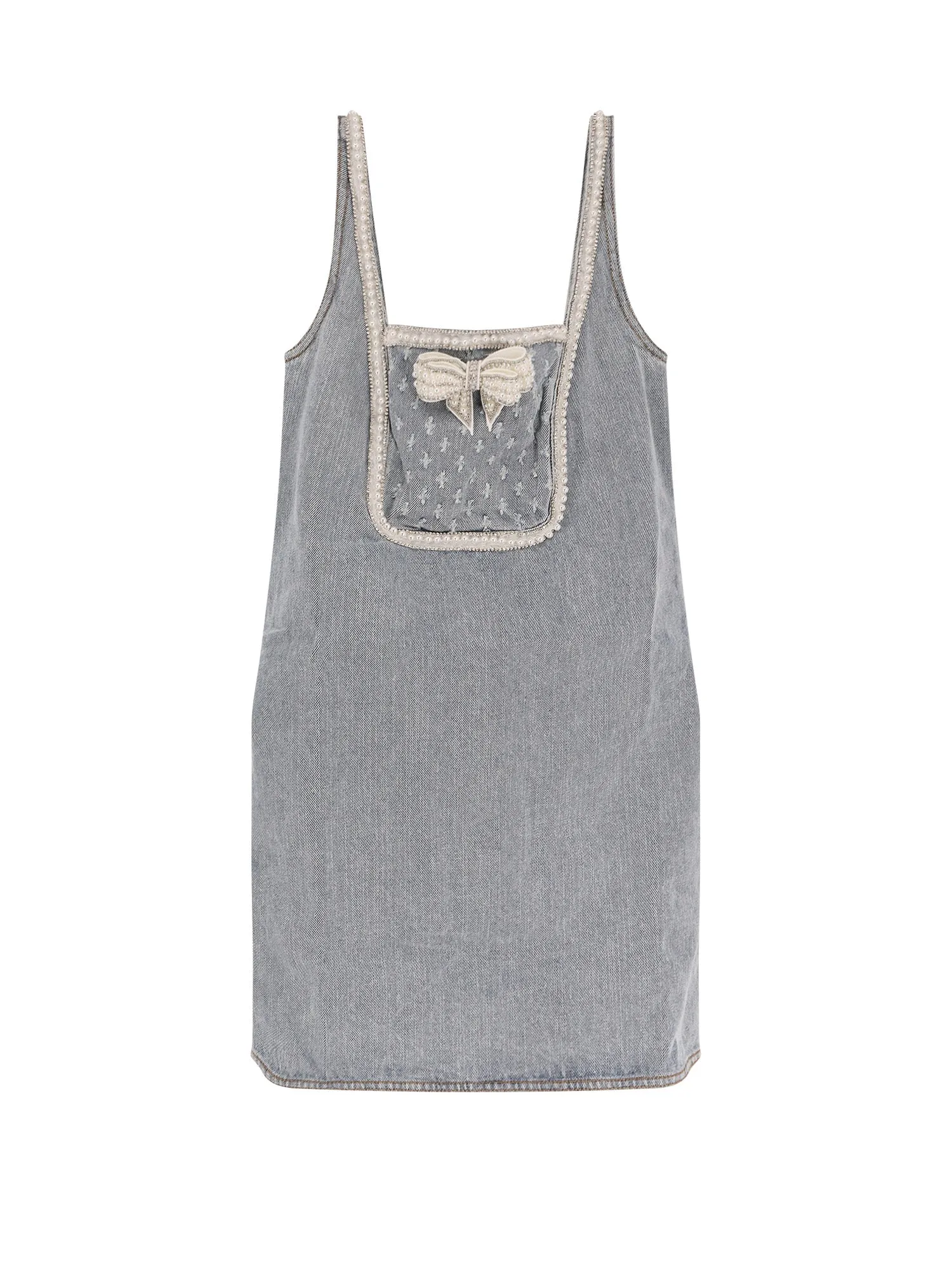 Denim Mini Dress With Bow, Pearls And Jewel Details