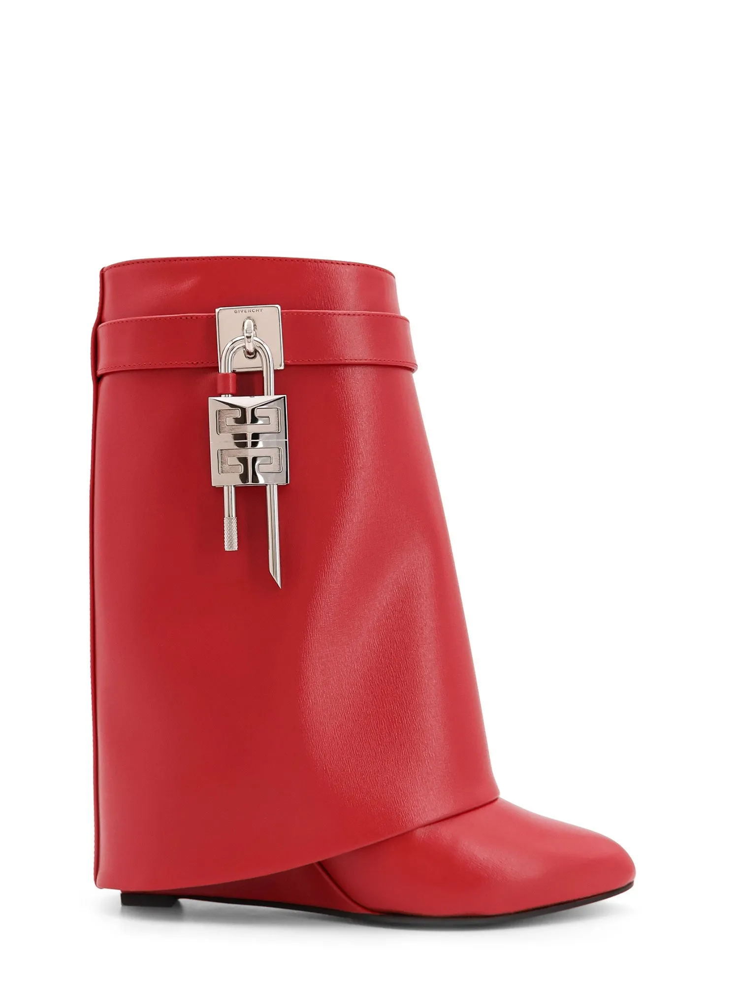 Shark Lock Leather Ankle Boots With Covered Wedge Heels