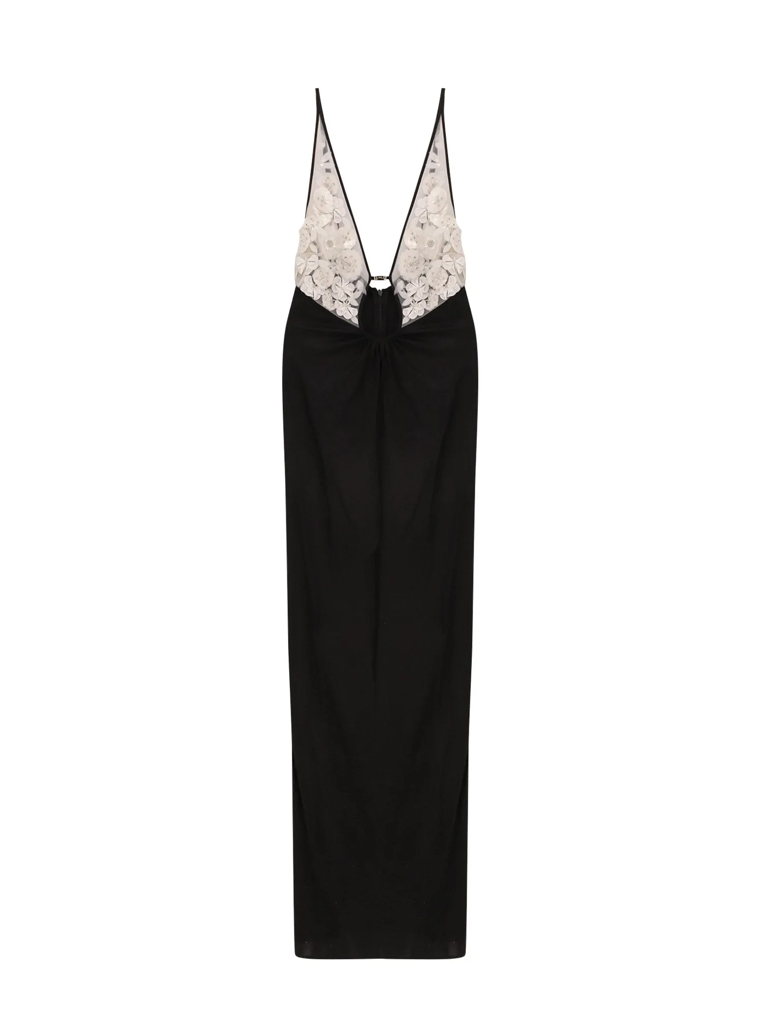 Red Carpet Embroidery Long Dress With Voile Inserts And Flowers Detail