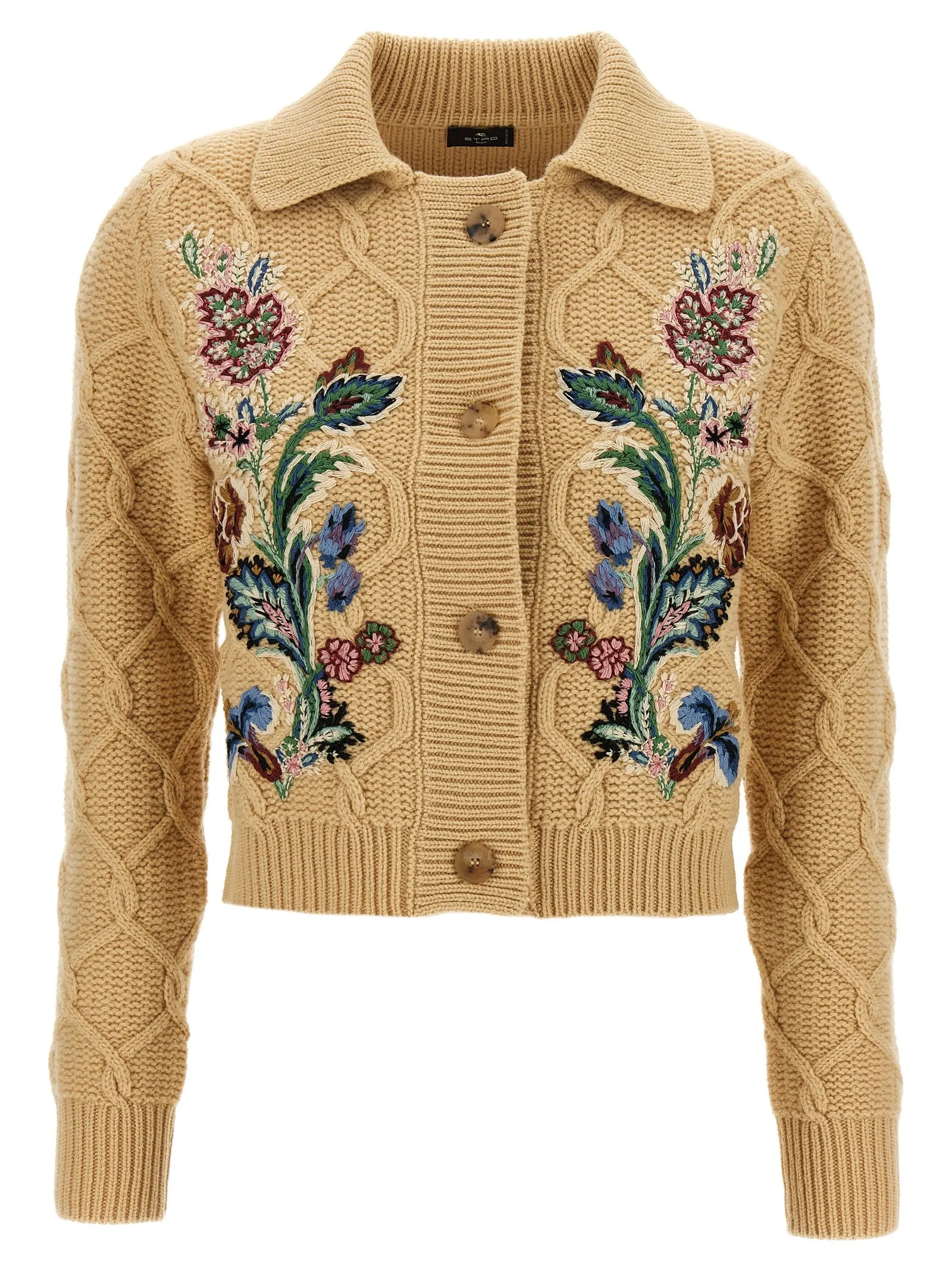 Floral Embroidery Cardigan Maglioni Beige