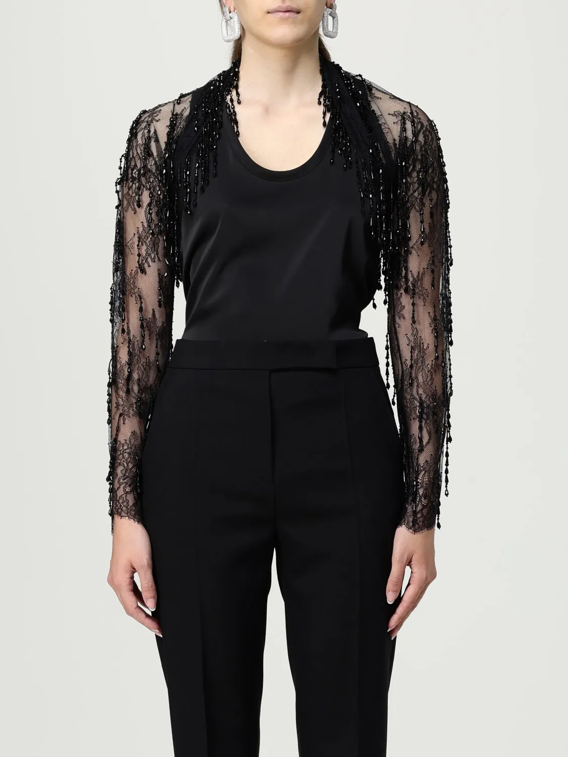 Coprispalle Alberta Ferretti in pizzo con frange gioiello