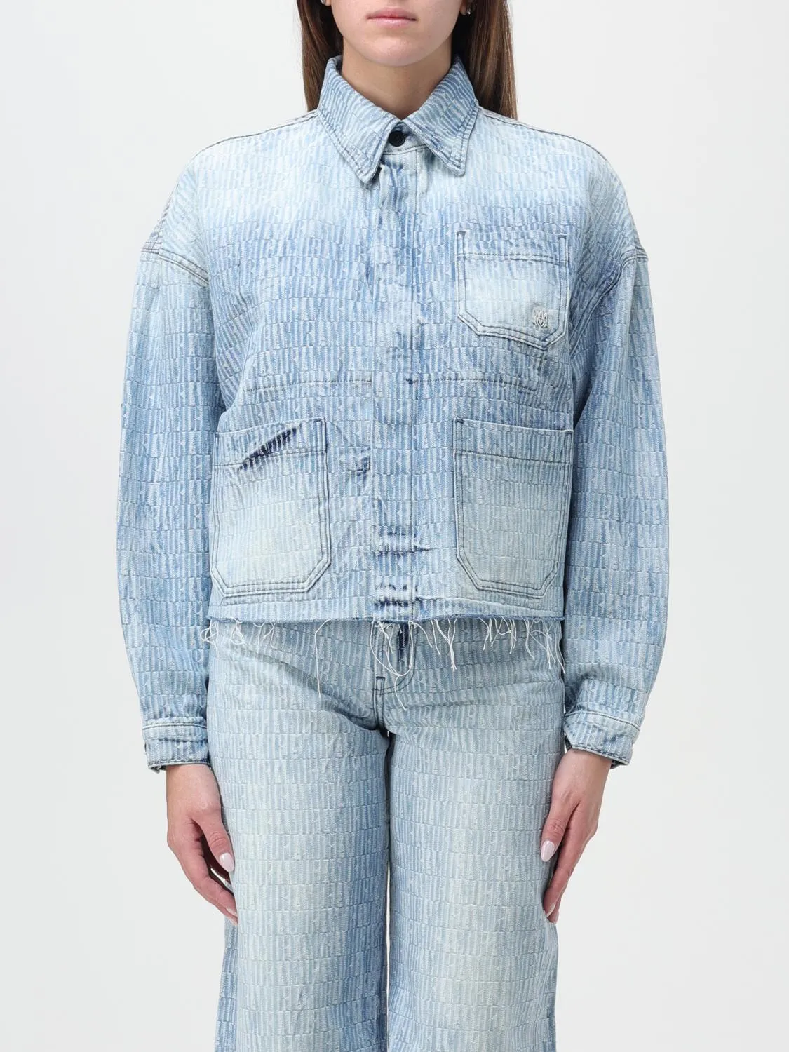 Giacca Amiri in denim di cotone con logo ricamato all over