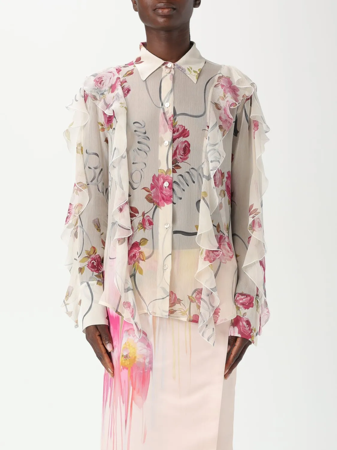 Camicia Blumarine in seta con stampa floreale e rouches