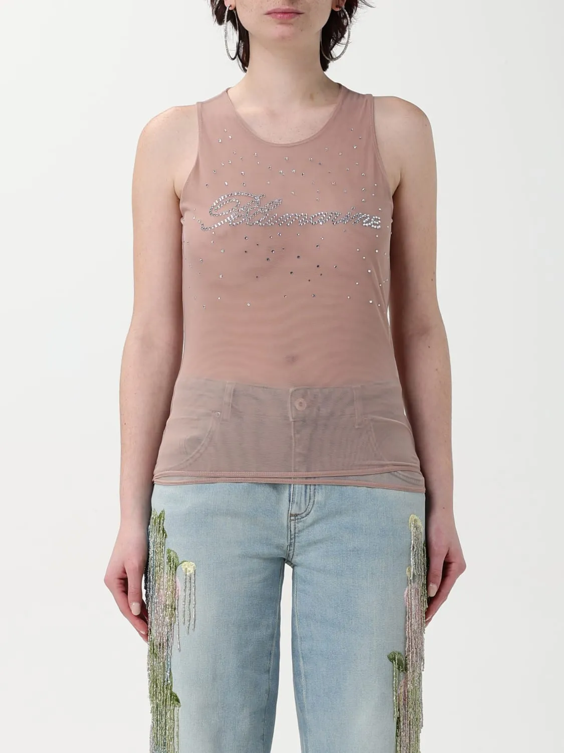 Top Blumarine in maglia con logo di strass
