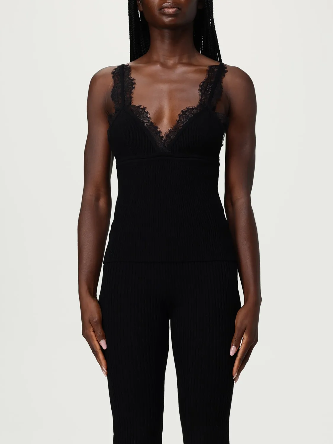 Top Blumarine in jersey con inserti in pizzo