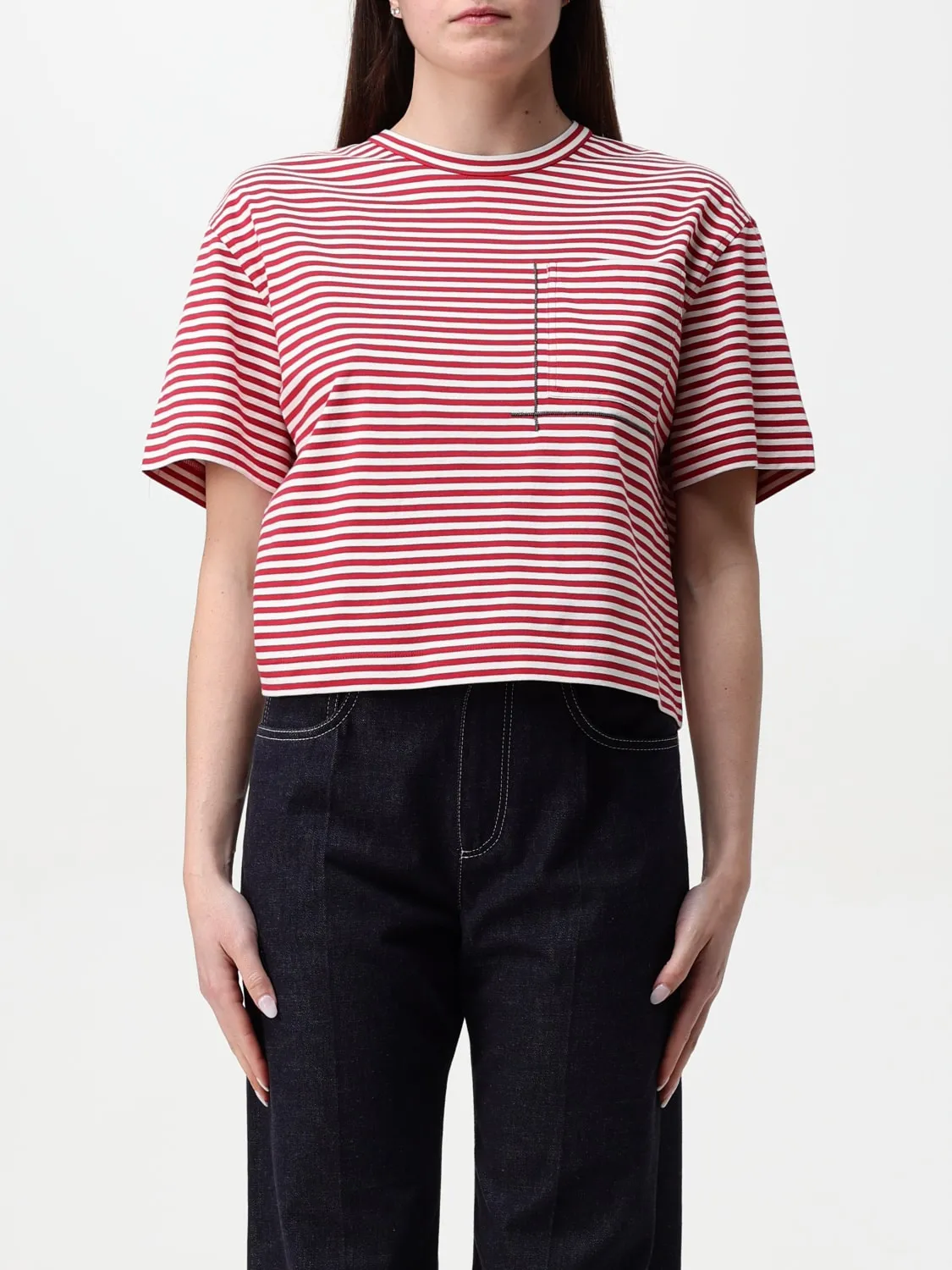 T-shirt a righe in cotone con toppa Brunello Cucinelli