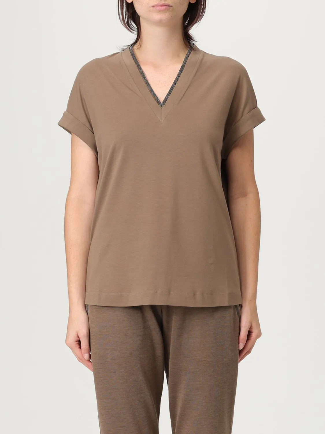T-shirt a v Brunello Cucinelli in jersey con monile