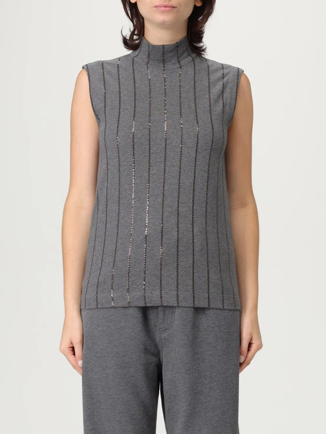 Top smanicato Brunello Cucinelli in cotone con paillettes