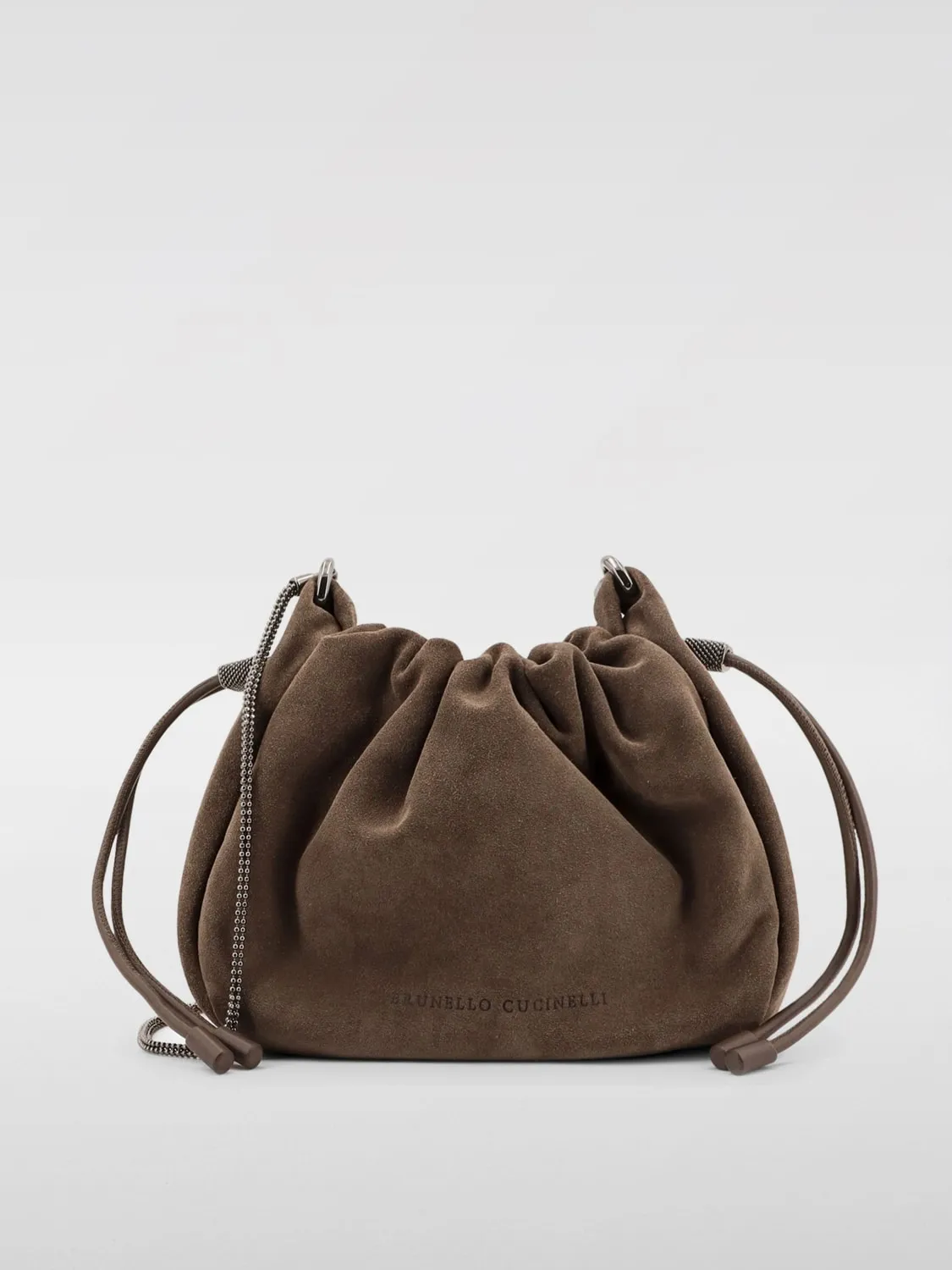Borsa Bucket Mellow Brunello Cucinelli in camoscio con Precious Chain
