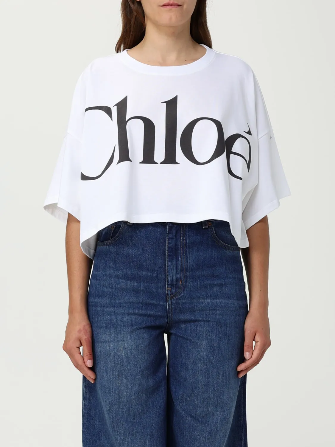 T-shirt crop in cotone con maxi logo Chloé