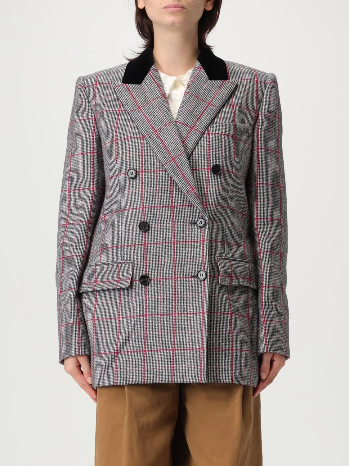 Blazer doppiopetto Chloé in lana vergine e seta con stampa Check