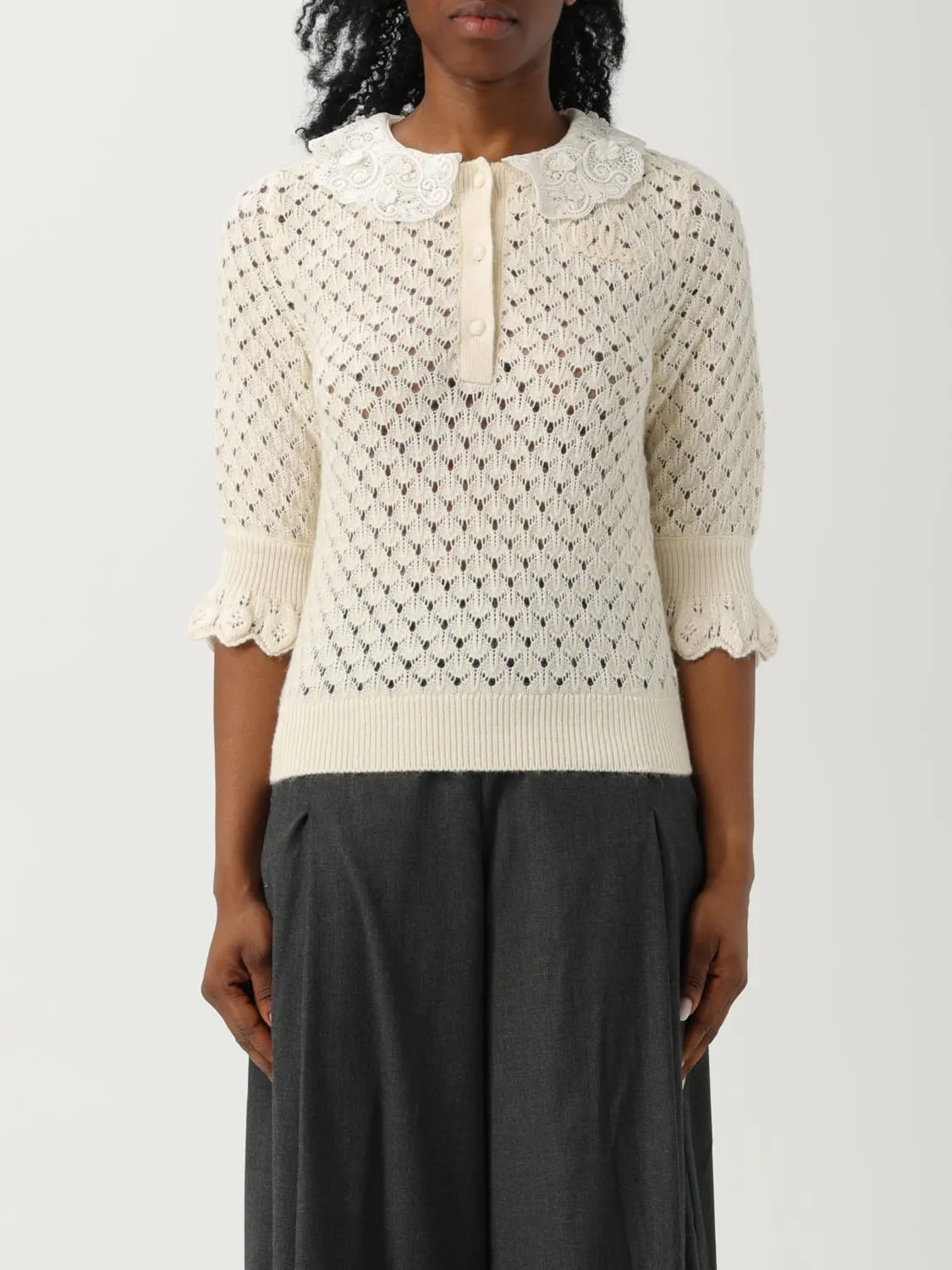 Polo in maglia traforata con collo in macramé Chloé