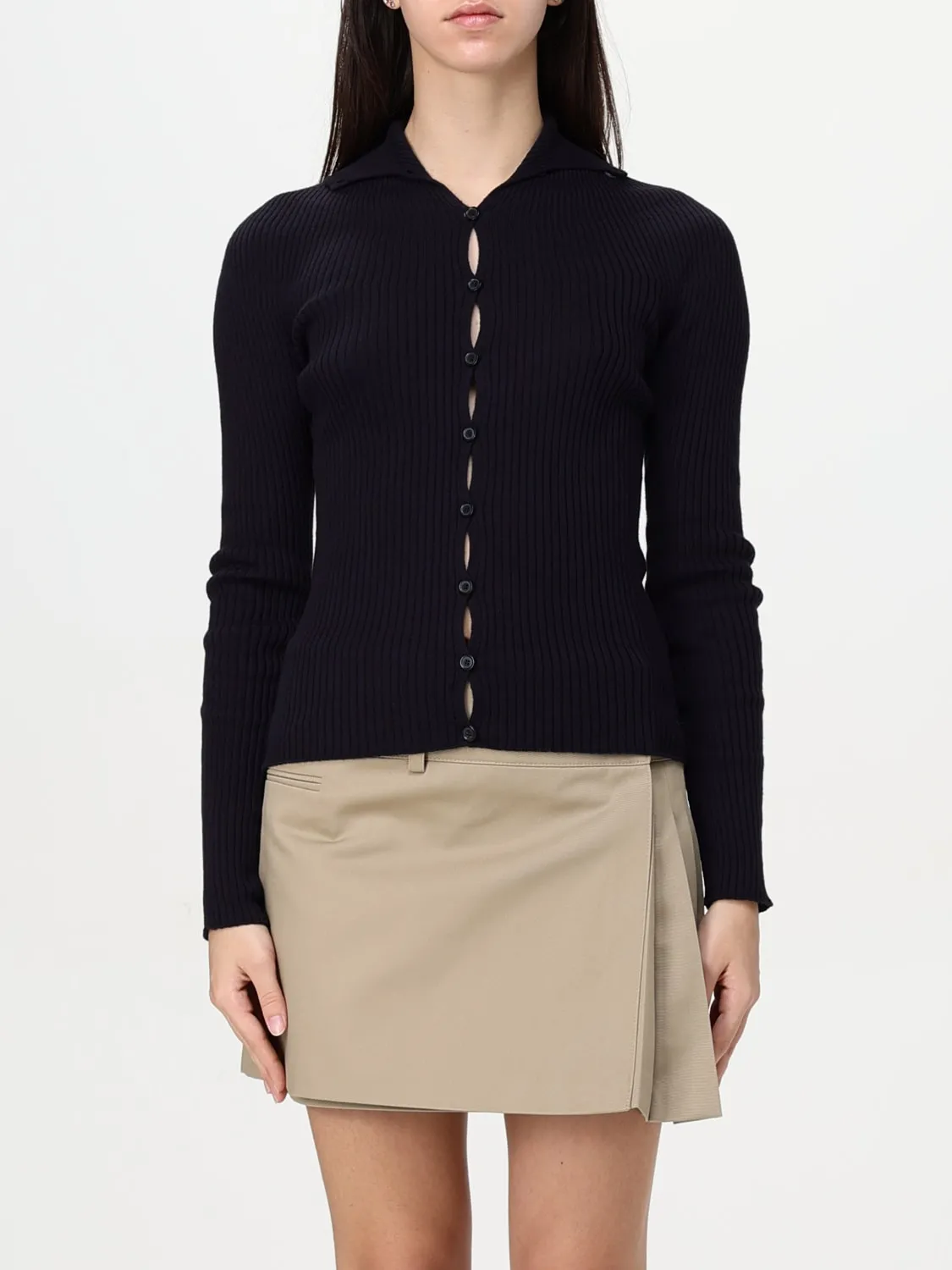 Cardigan a coste CourrÈges in cotone e lana merino