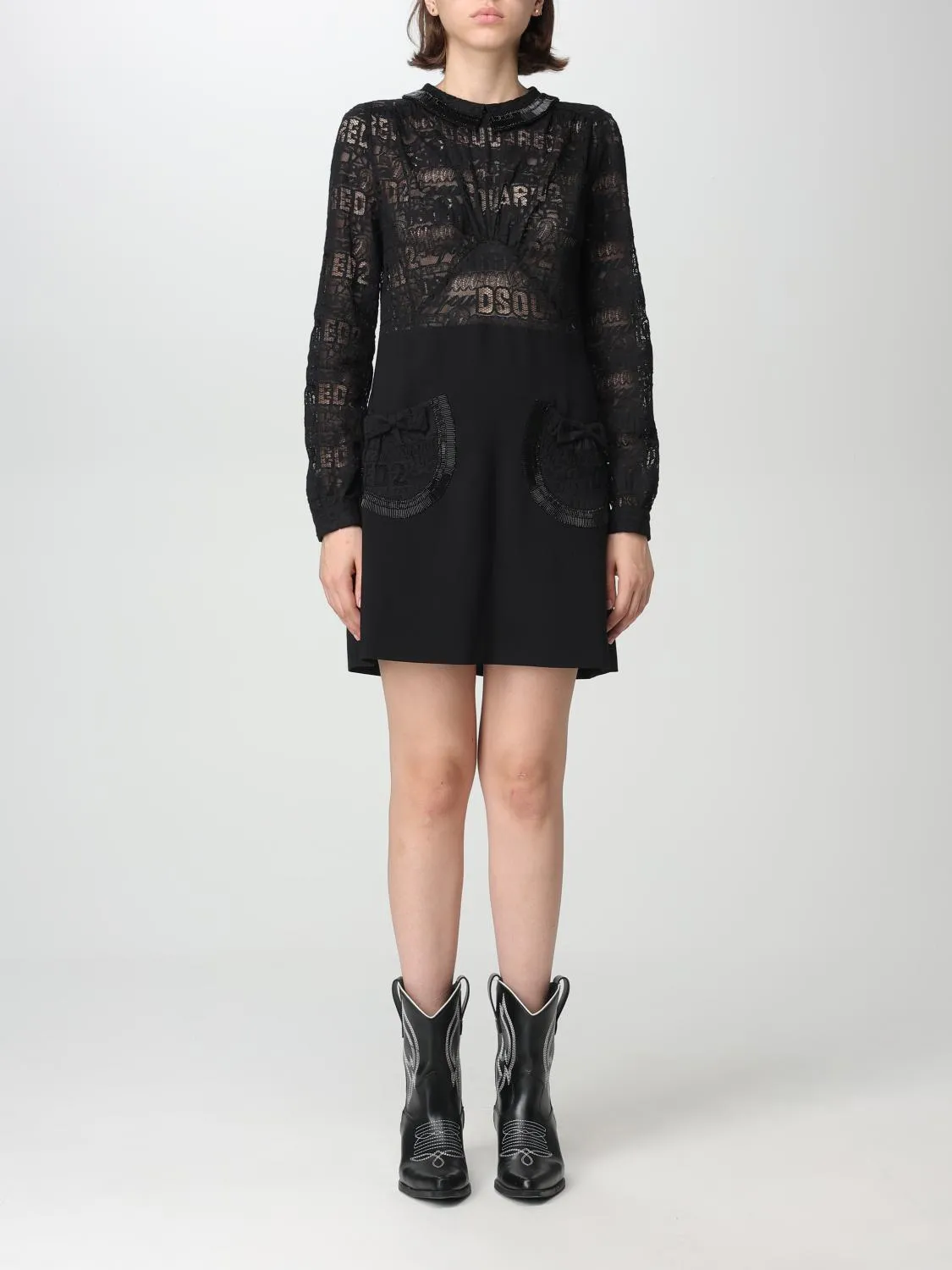 Abito Lacey Dsquared2 in misto cotone e pizzo con logo jacquard