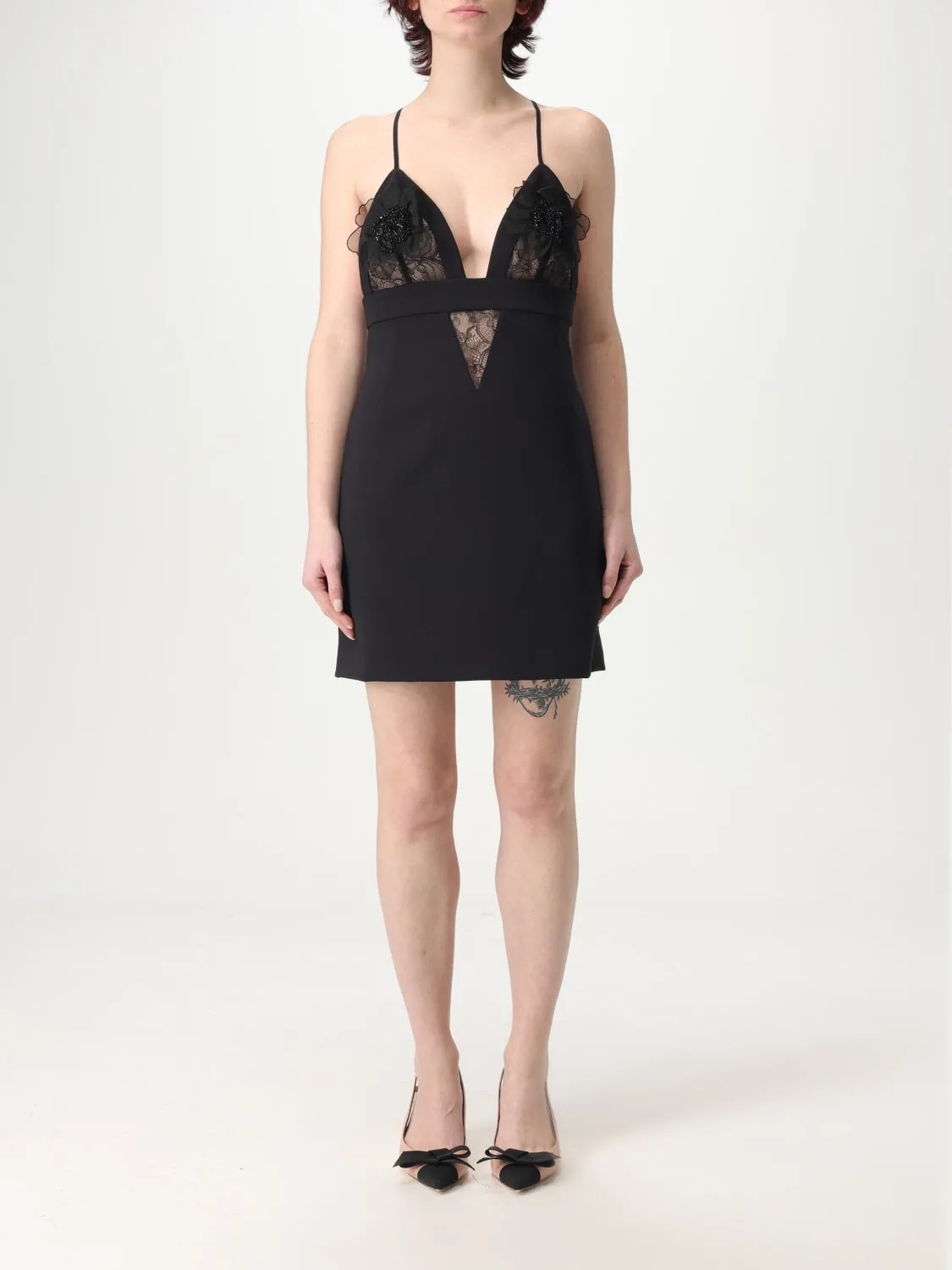 Abito mini Elisabetta Franchi in crêpe con inserti in pizzo