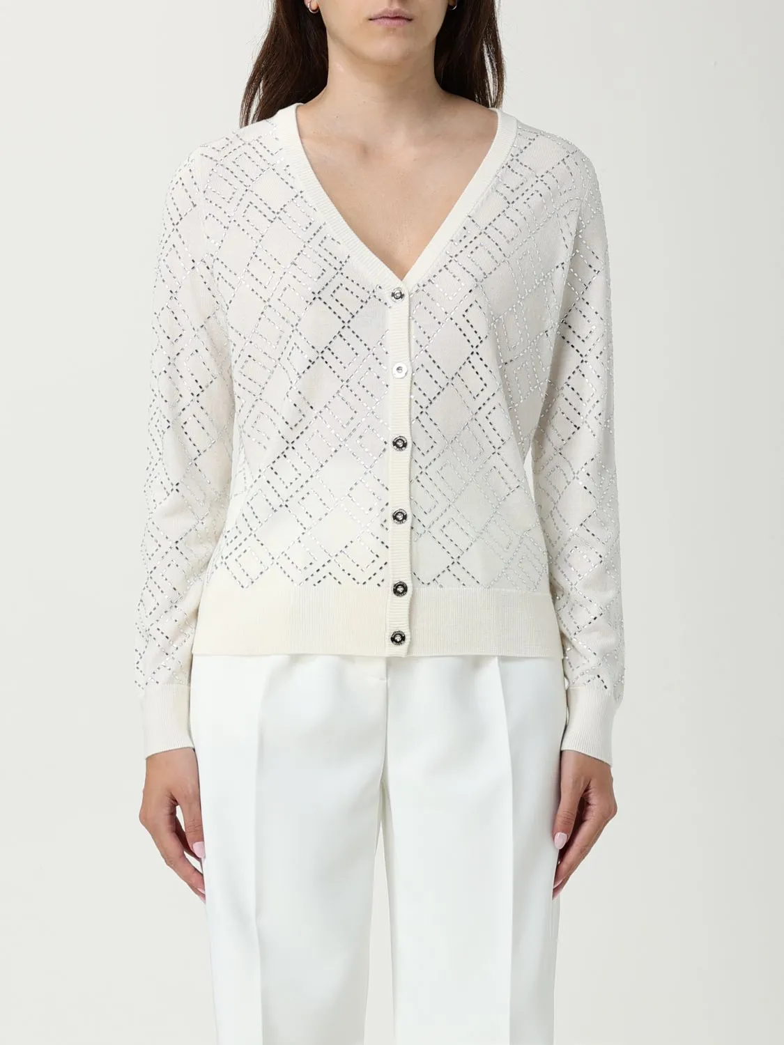 Cardigan di lana con logo all-over di strass Elisabetta Franchi
