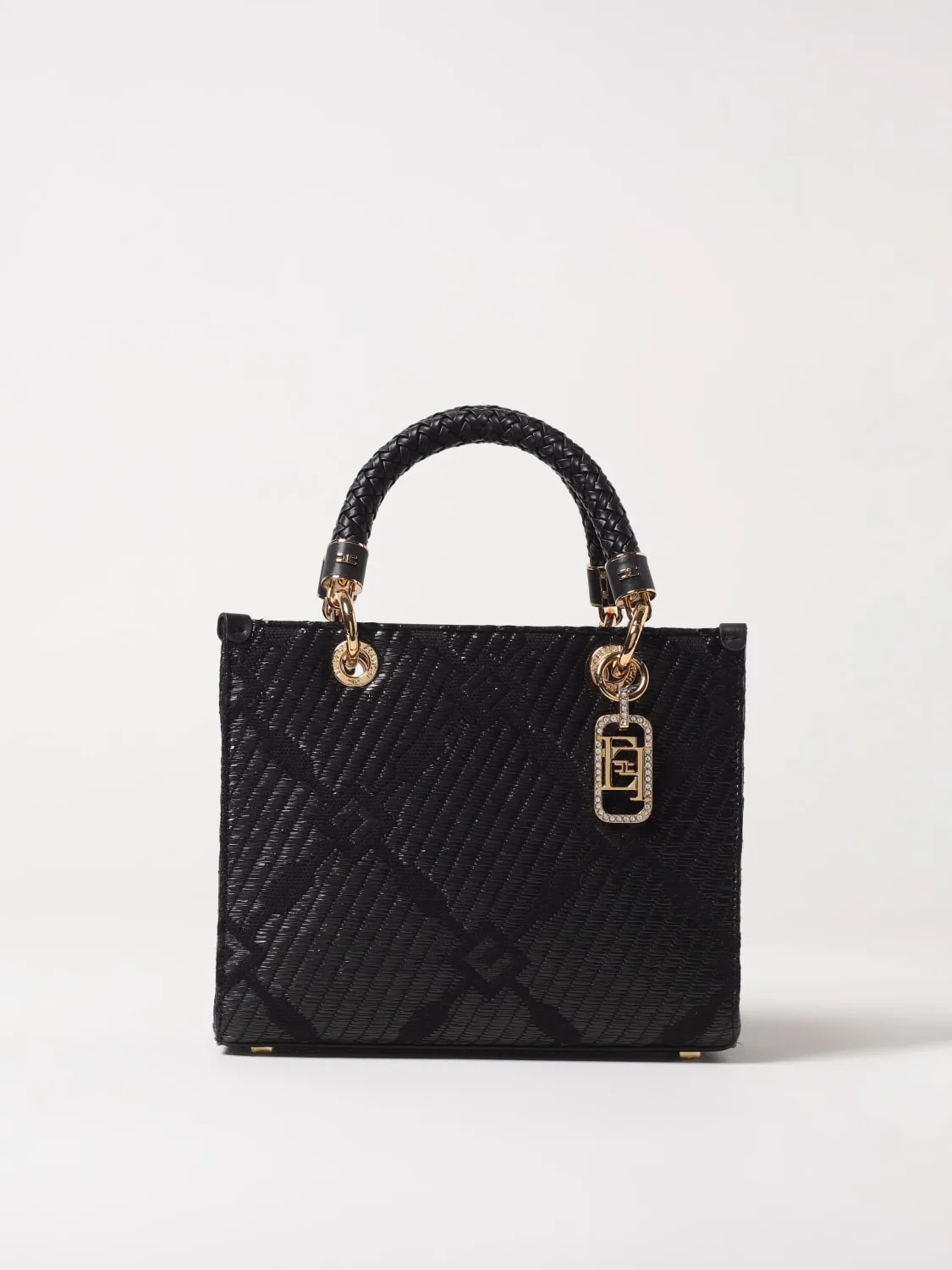 Borsa tote Elisabetta Franchi in rafia e tessuto con logo jacquard
