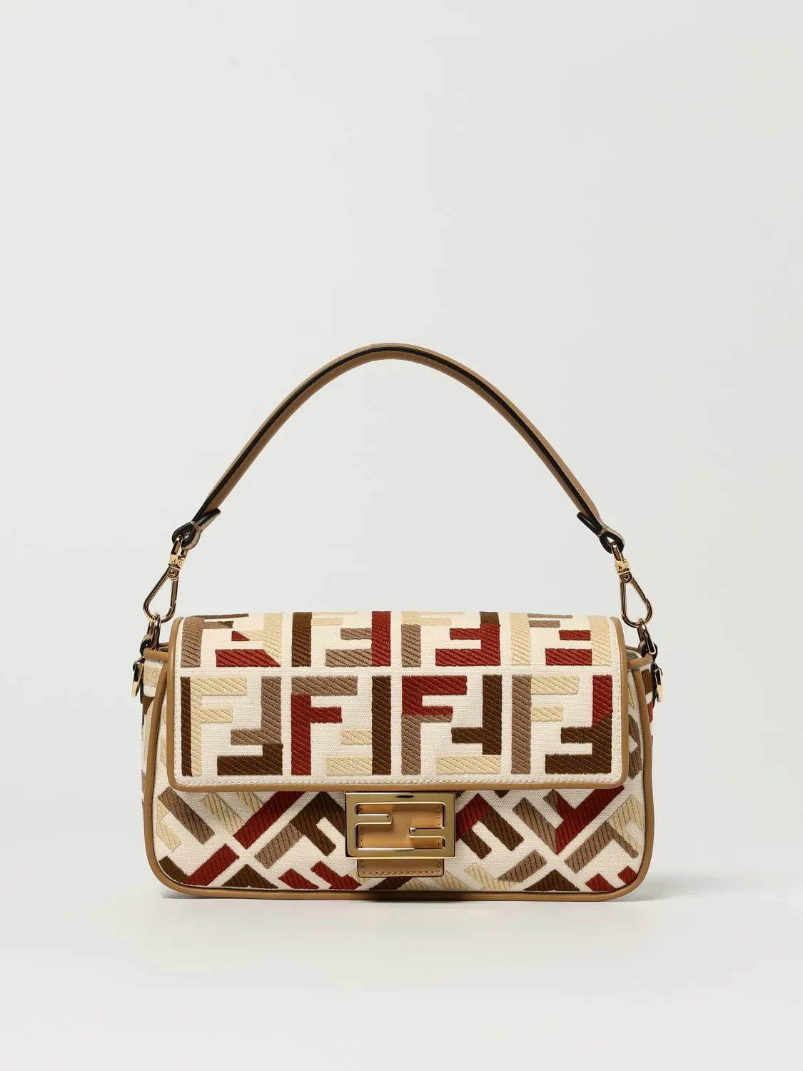 Borsa Baguette Medium Fendi in canvas con FF ricamato