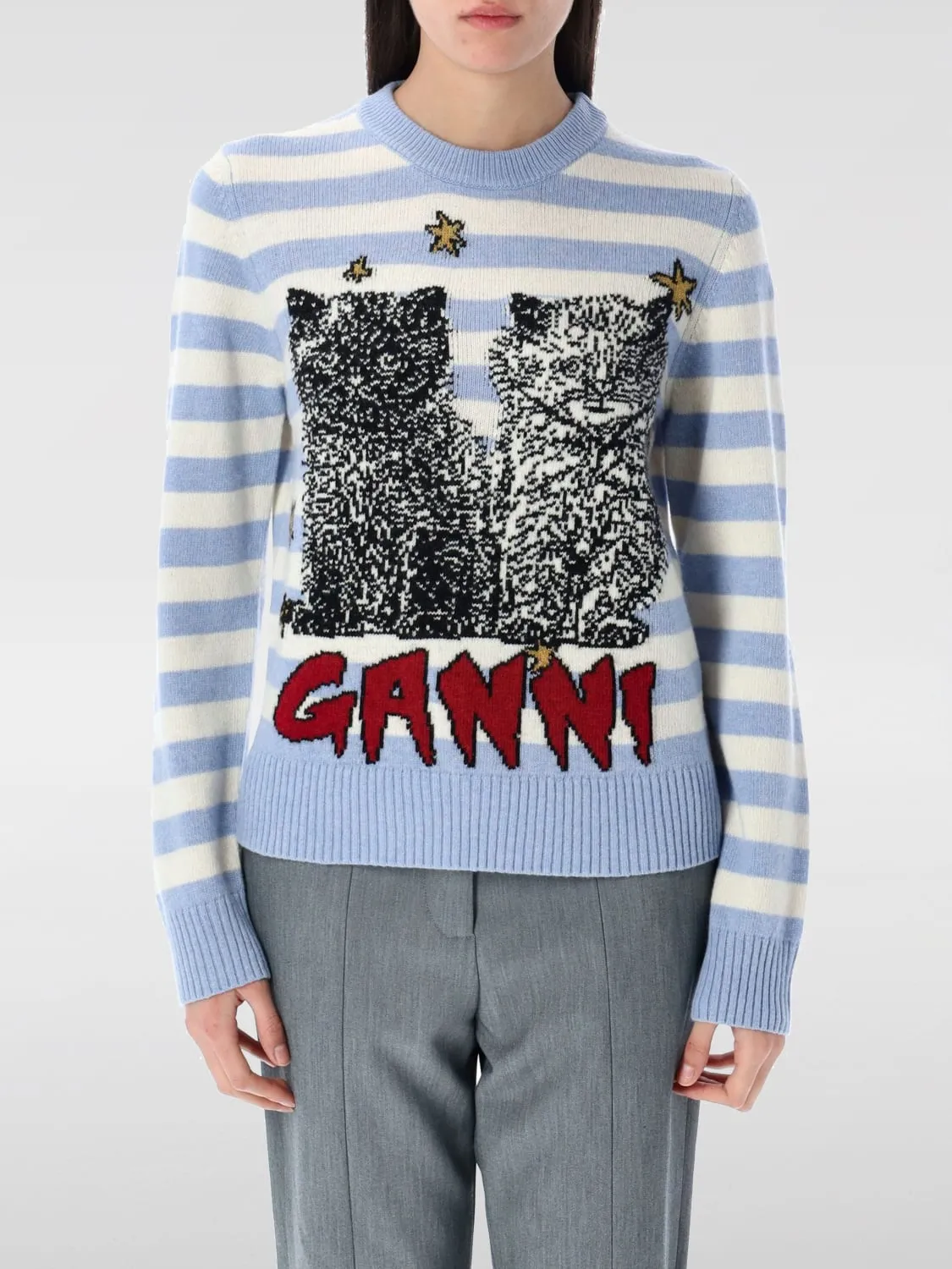 Maglia a righe con logo e gatti Ganni