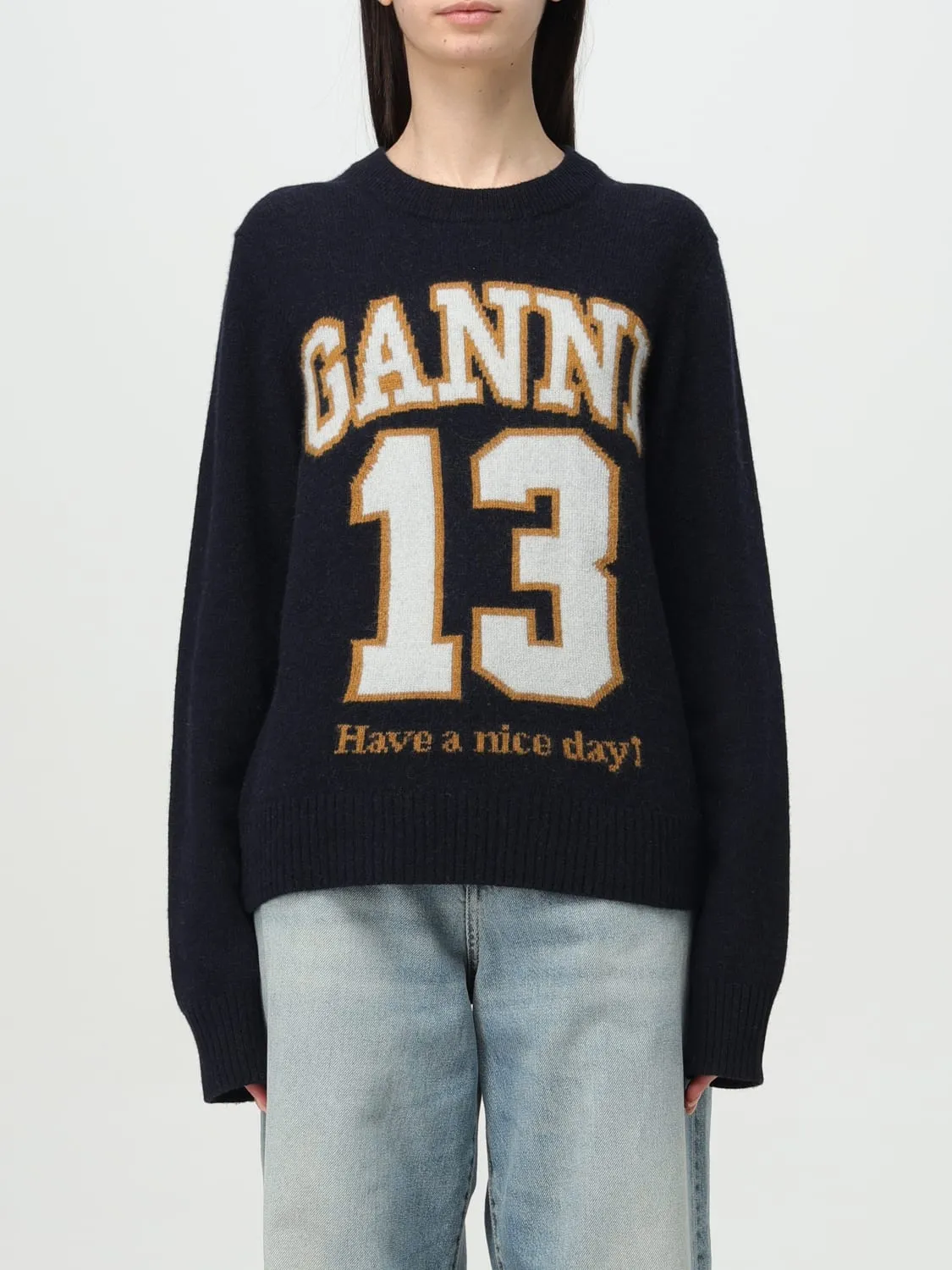 Maglione a girocollo con maxi logo Ganni