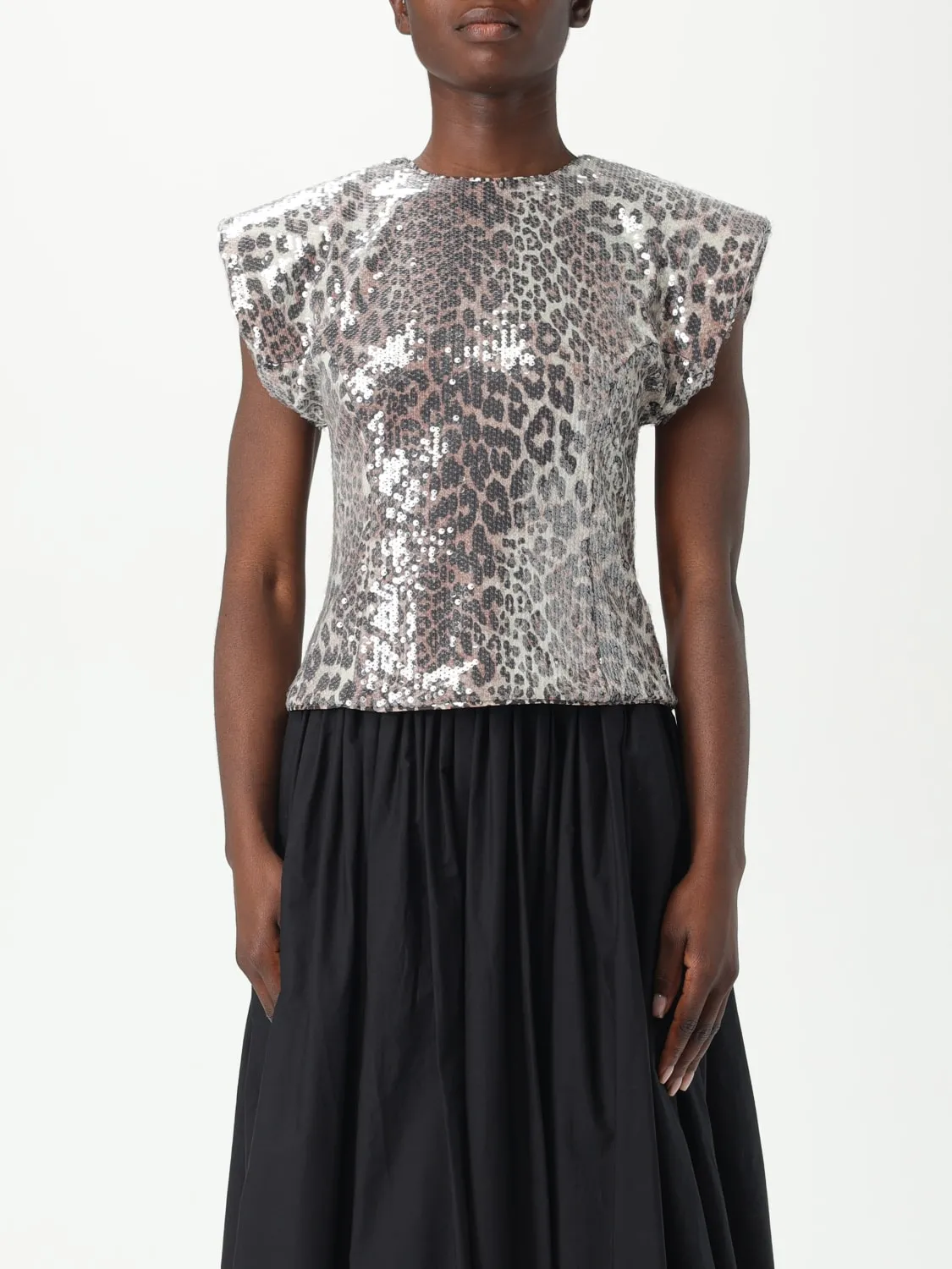 Top Ganni in tessuto paillettato con fantasia animalier
